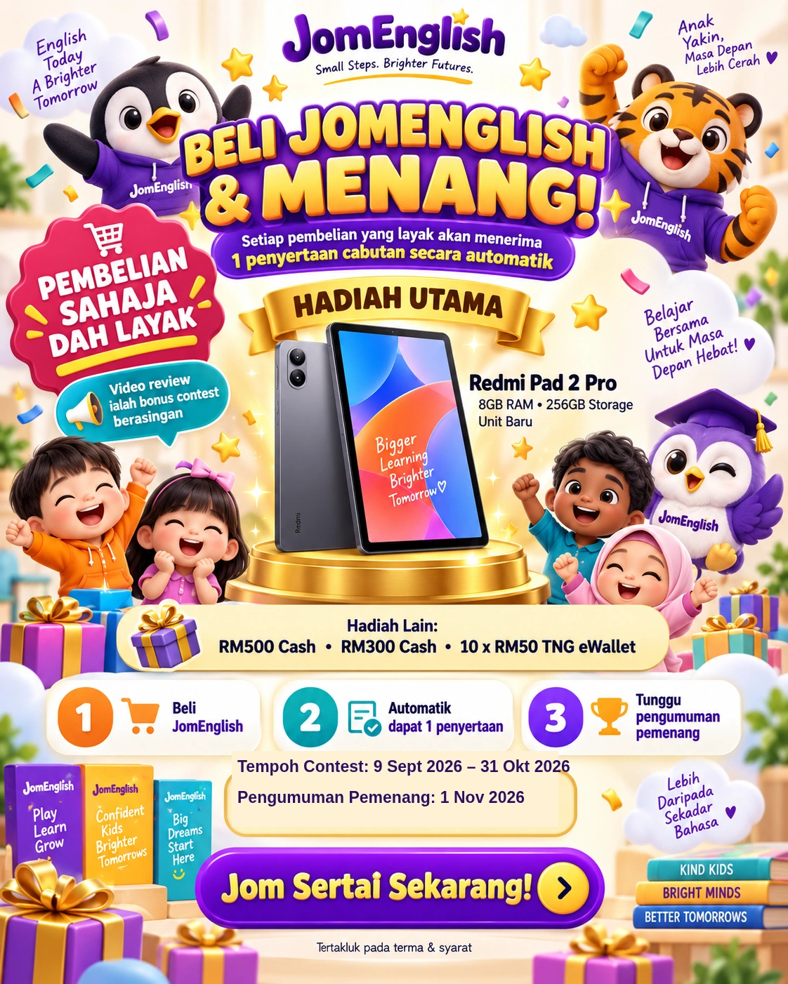 Poster cabutan bertuah Jom English: Redmi Pad 2 Pro dan hadiah lain. Tempoh hingga 31 Oktober 2026.