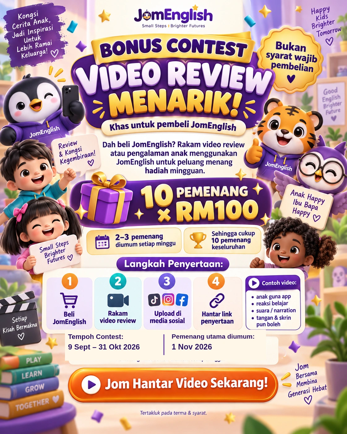 Poster rasmi bonus contest video review Jom English, 10 pemenang dengan RM100 setiap seorang. Tempoh contest hingga 31 Oktober 2026.