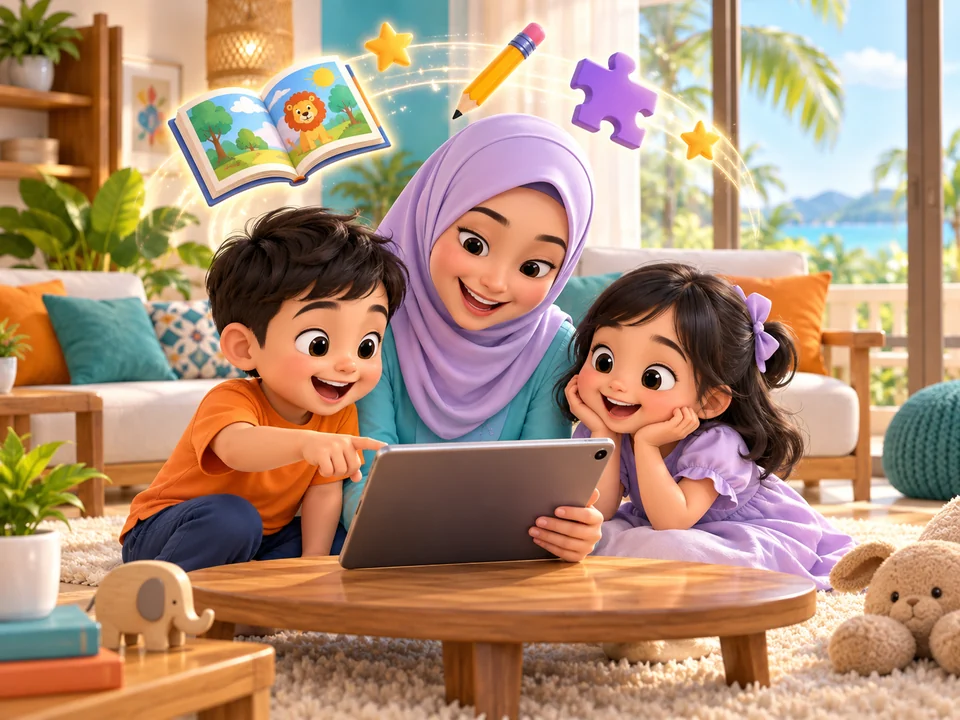Ilustrasi ibu menemani dua anak meneroka aktiviti pada tablet.