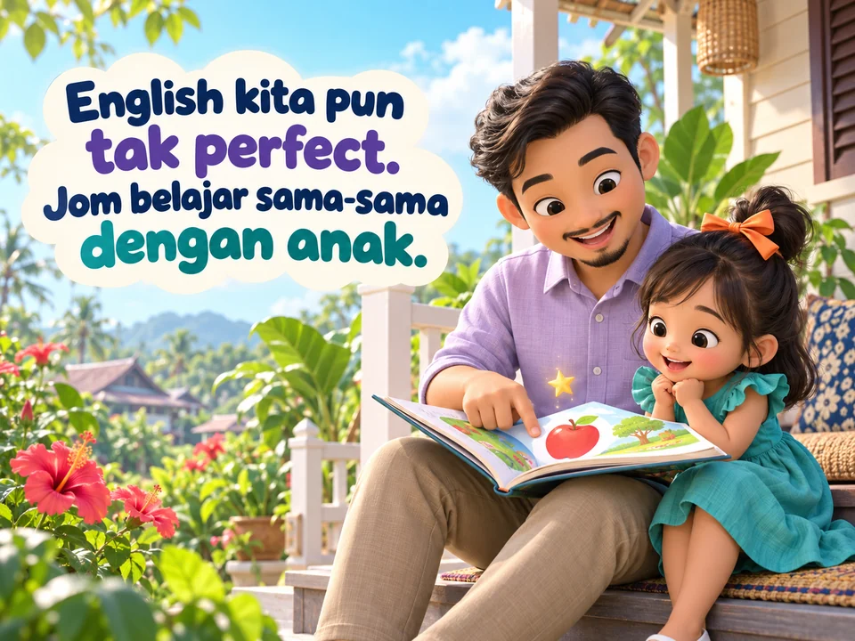 Ilustrasi ibu bapa menemani anak belajar English bersama.