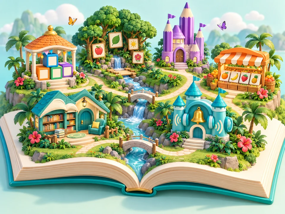 Ilustrasi dunia pembelajaran dengan buku, istana, gambar dan sungai.