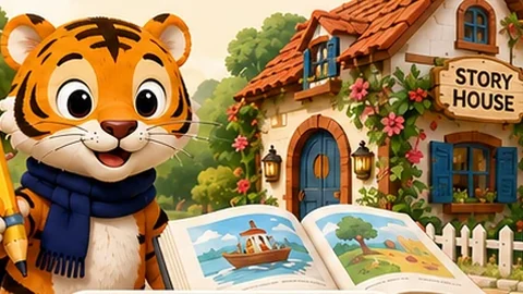 Harimau dengan buku cerita di hadapan Story House.